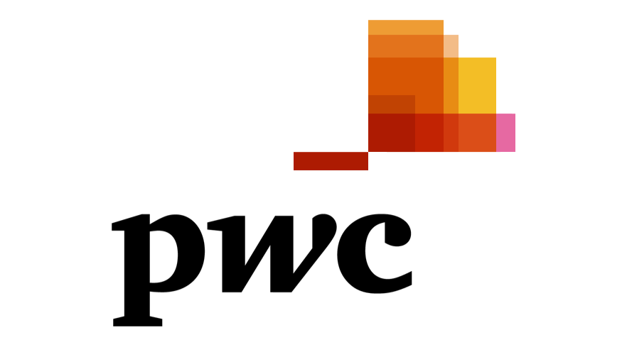 PwC logo with stylized, pixelated design in warm tones above lowercase black letters on a white background, representing the global professional services brand.